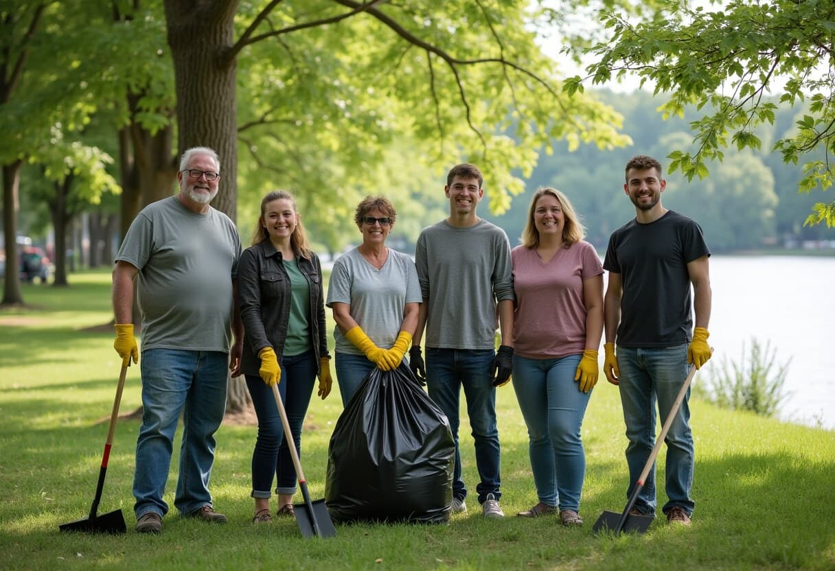 Neighborhood volunteers with rakes and trash bags in a Minneapolis lakeside park
