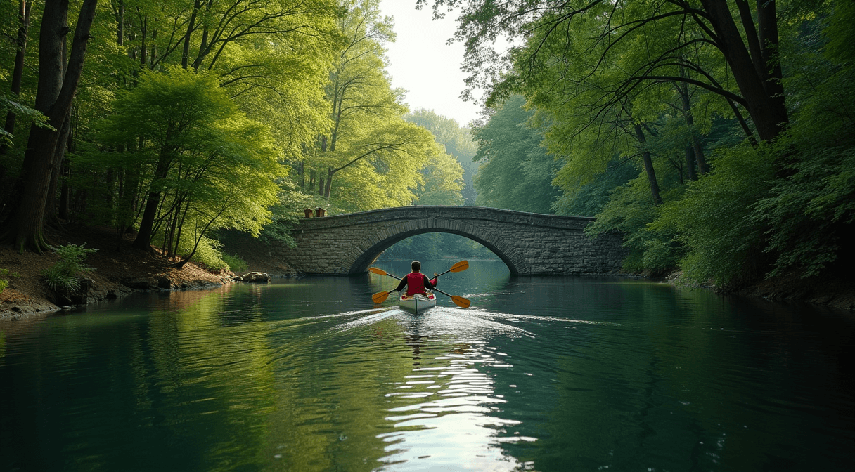 A canoe passing under a bridge through a narrow lake channel