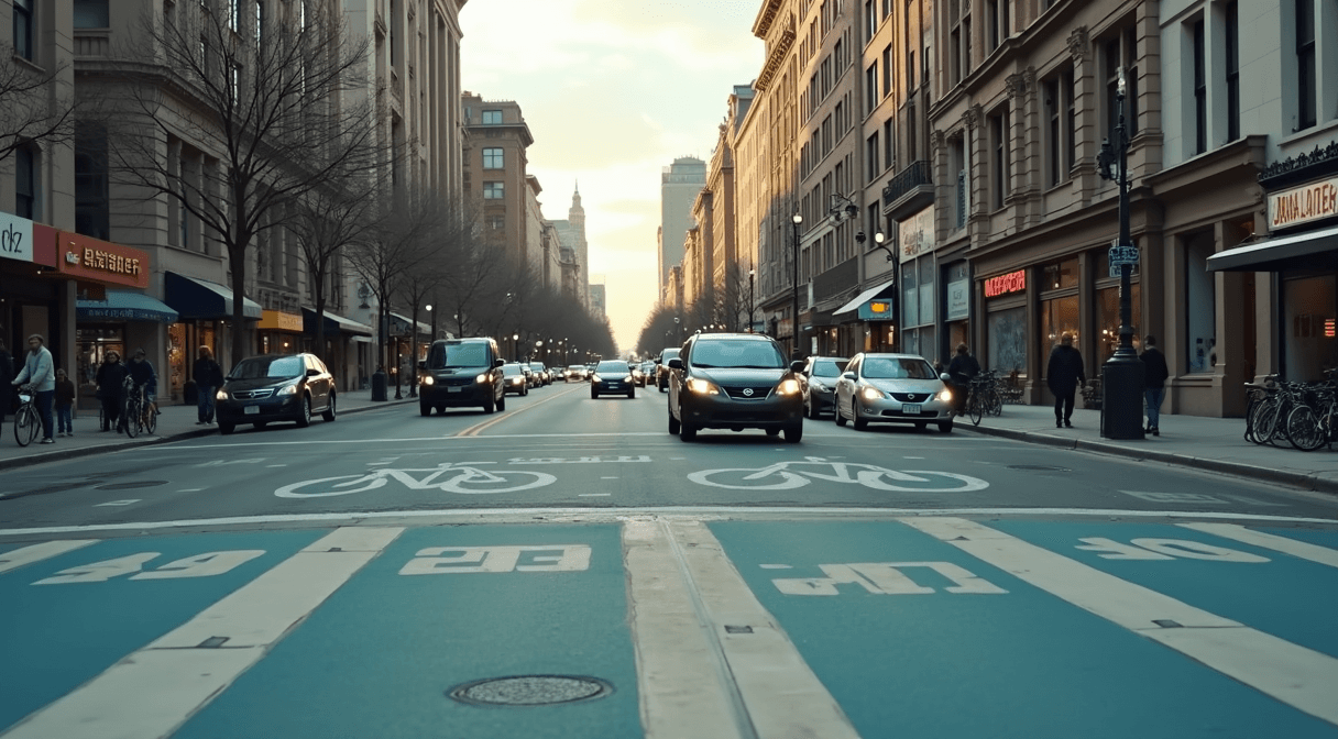 A busy urban avenue with traffic, a bike lane and a marked crosswalk