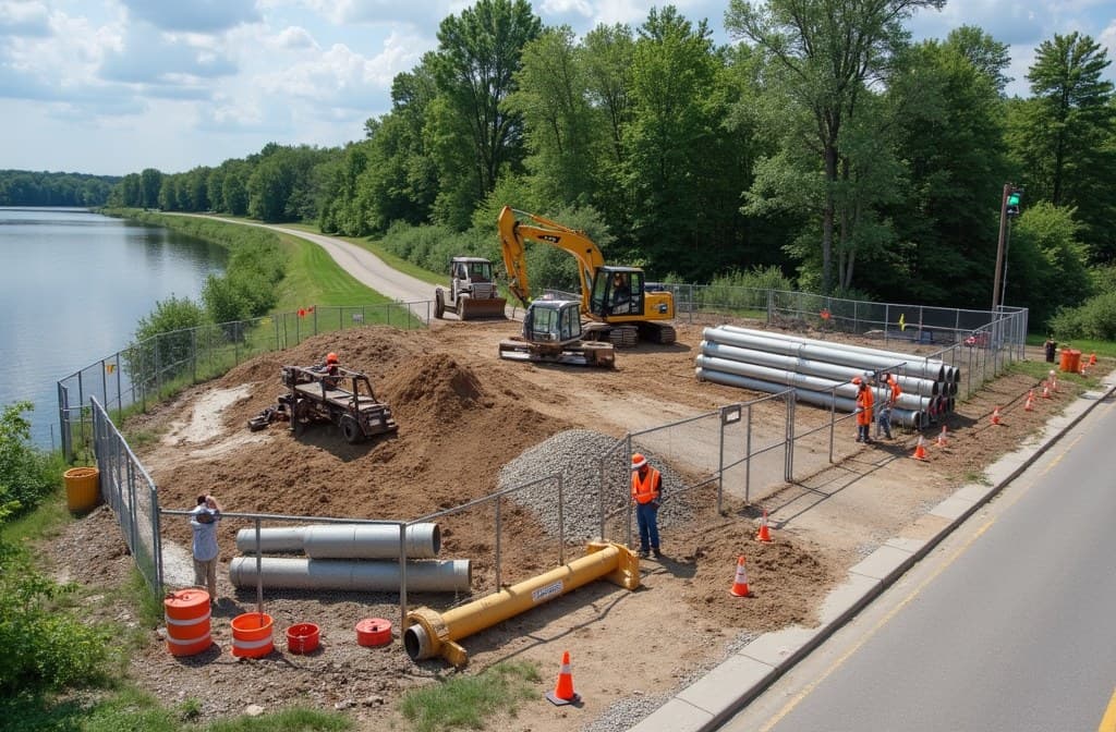 A fenced sanitary sewer construction staging area beside a Minneapolis lake parkway, with an excavator, stacked concrete pipe, traffic cones and workers in hi-vis vests