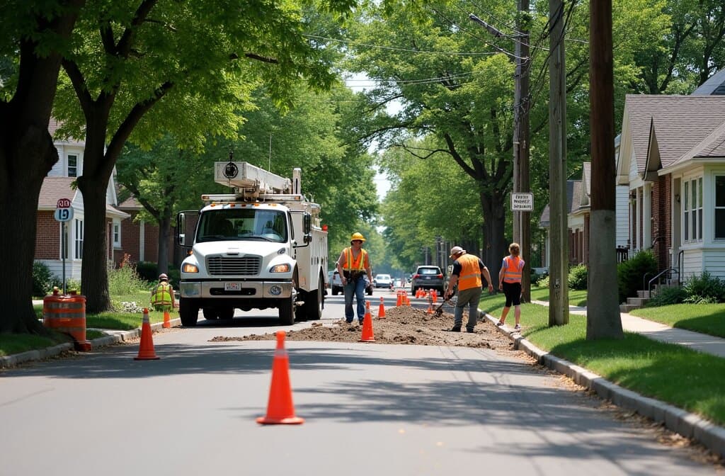 A utility crew working in the boulevard of a Lowry Hill residential street