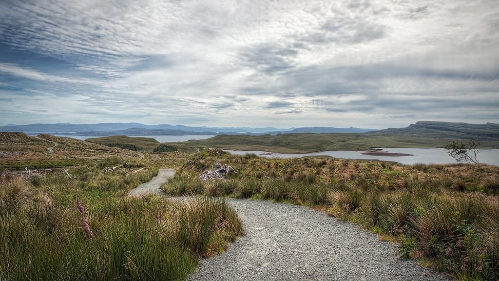A paved walking path beside Lake of the Isles