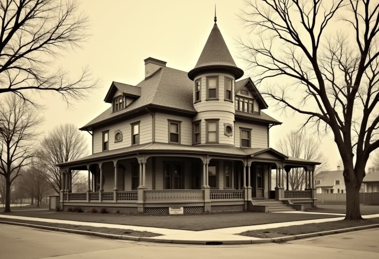 A sepia archival view of a vanished 1880s Victorian mansion on Mount Curve Avenue, Minneapolis