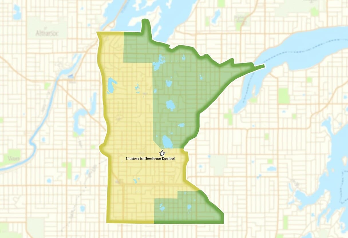 A stylized Minneapolis school-attendance-zone map with lakes and parks