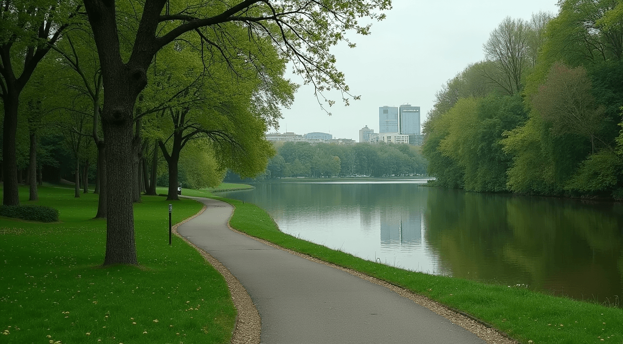 A lakeshore path winding through parkland along an urban lake