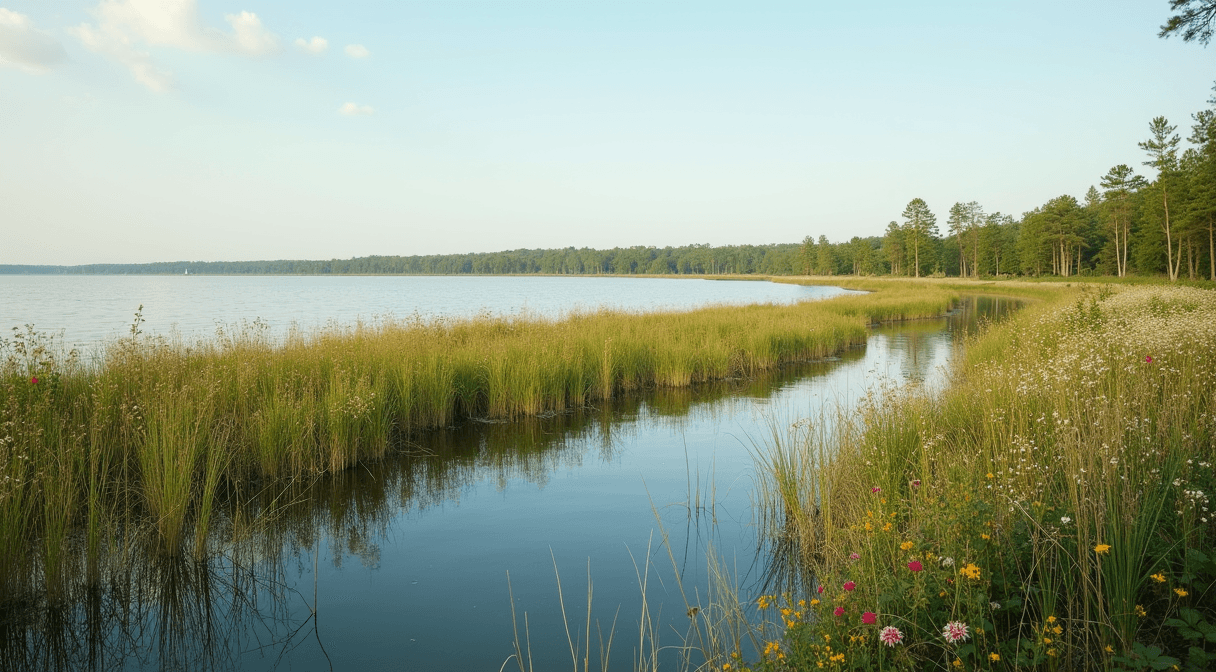 A restored lake shoreline planted with native vegetation