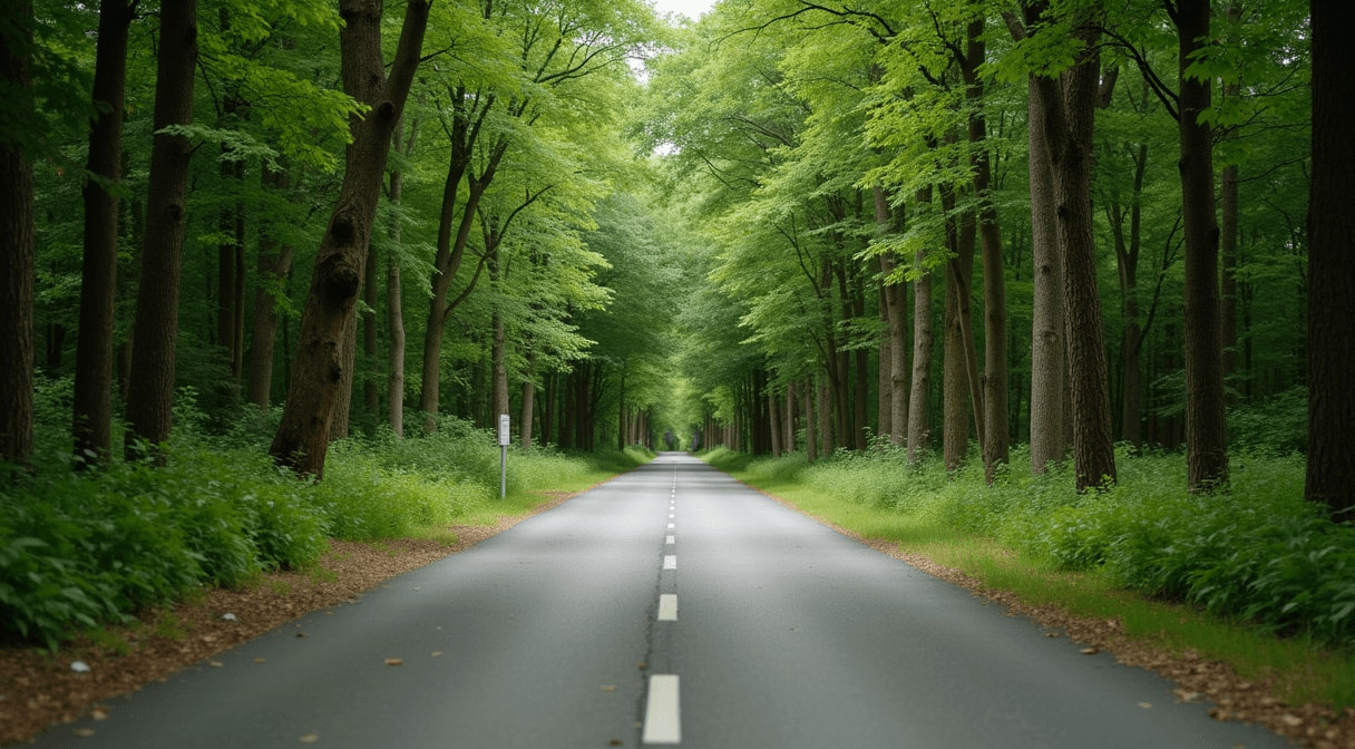 A newly paved bike and pedestrian trail through a wooded corridor