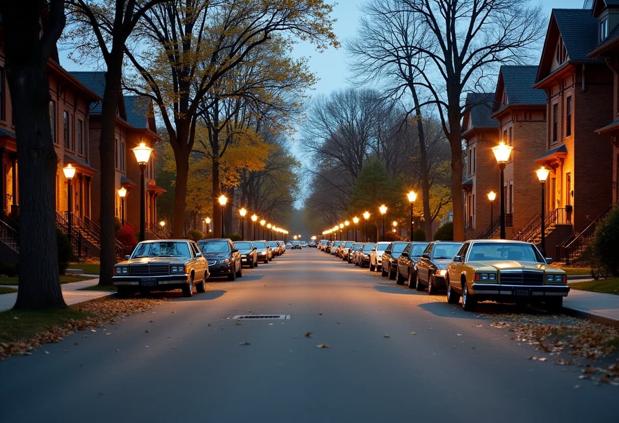 A tree-lined Wedge residential street with cars parked at the curb at dusk
