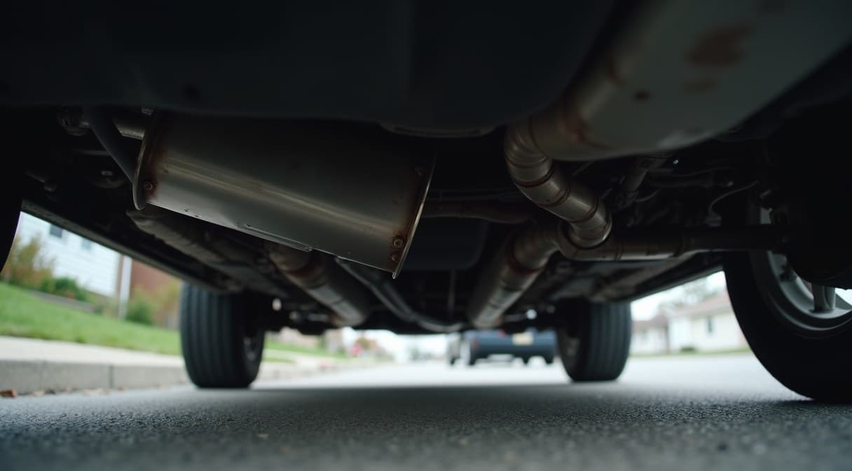 View from beneath an SUV parked on a residential street, showing the stainless-steel catalytic converter section of the exhaust system