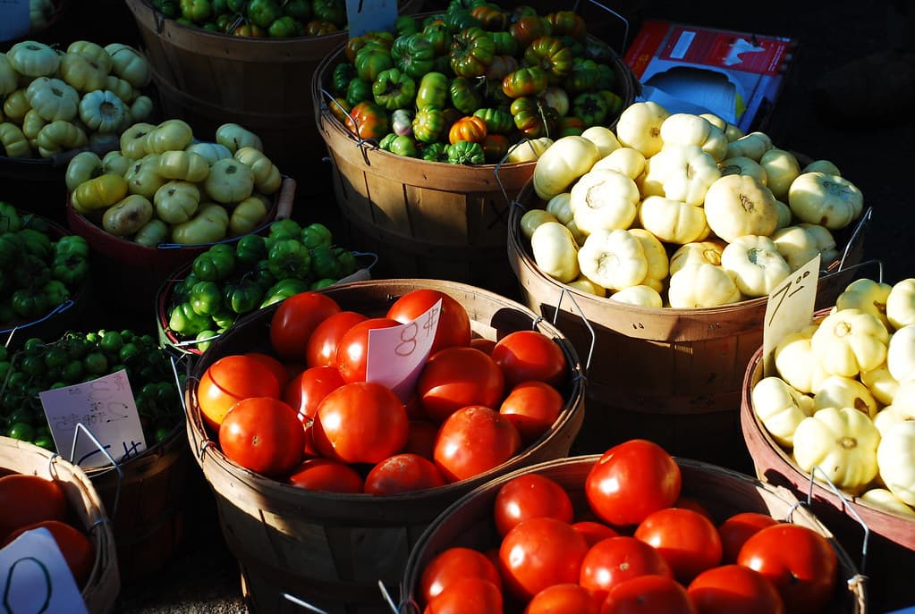 Shoppers and vendor stalls at a Minneapolis farmers market