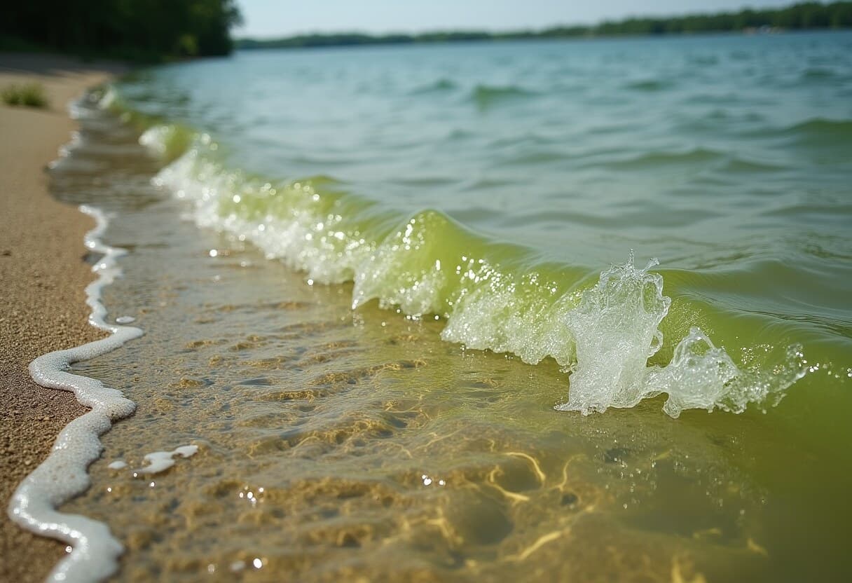 Murky algae-tinged water at the edge of a Minneapolis lake