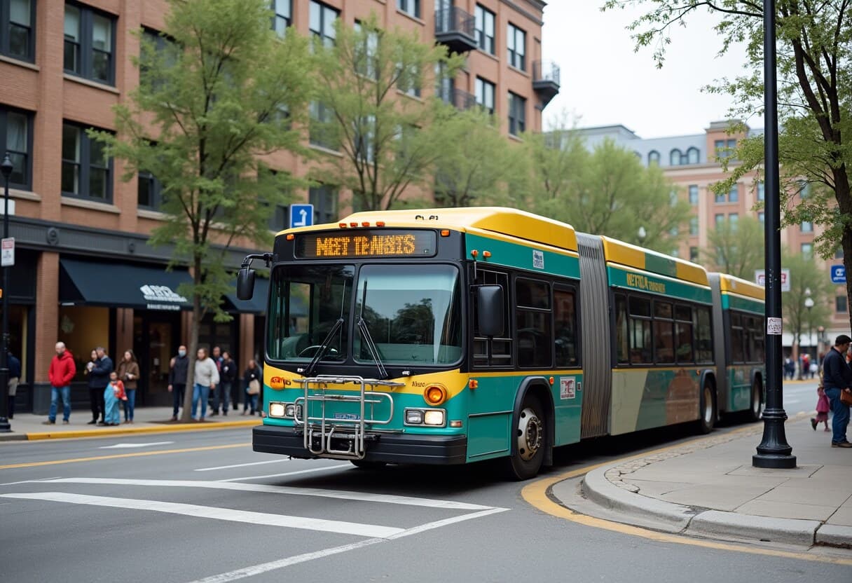 A Metro Transit city bus at a stop on a Minneapolis avenue