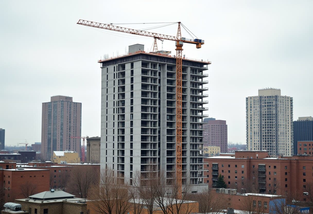 A new mid-rise residential building under construction in a dense Minneapolis neighborhood