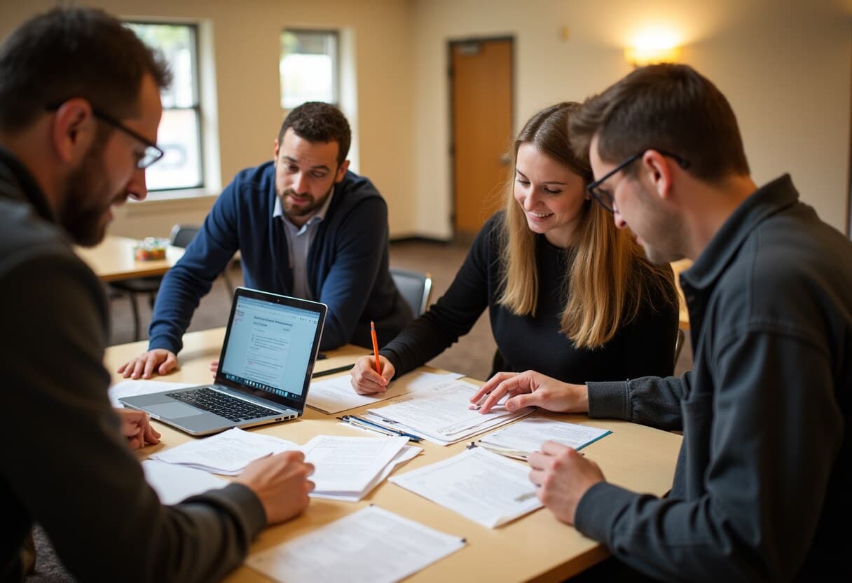 Neighborhood association volunteers collaborating over a survey in a Minneapolis community room